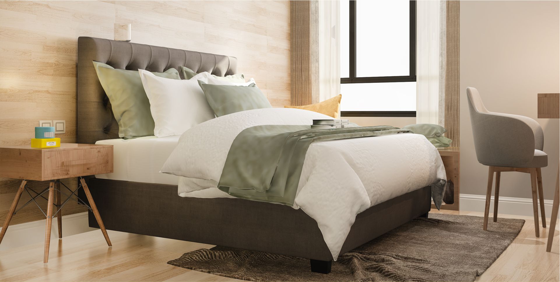 Quarto aconchegante com cama box estofada e travesseiros em tons neutros